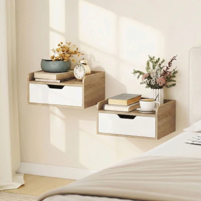 HOMCOM Set de 2 noptiere murale, noptiere cu sertar și blat cu margini ridicate, 40x30x19,5cm, lemn natural