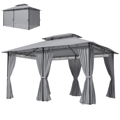 Outsunny Pavillon Extérieur Gris Foncé avec Rideaux et Toit Ventilé