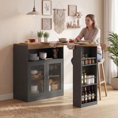 HOMCOM Masă de Bar Extensibilă și Rotativă 90° cu Rafturi Deschise și 2 Uși din Sticlă 150x80x105,5 cm Negru și Natural