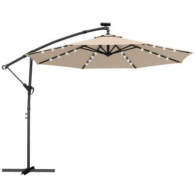Outsunny Umbrelă cu braț lateral LED Solar cca. Ø300 cm Rotativă Umbrelă cu manivelă Suport Husă de protecție Bej