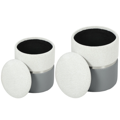 HOMCOM 2 Poufs Rangement Chenille/PU Assise Rembourrée Gris Crème