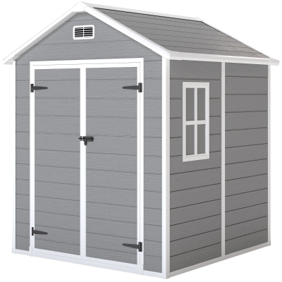 Outsunny Abrigo de Jardim em Resina 182x151x219 cm com Piso Janela Ventilação Portas Duplas Cinzento