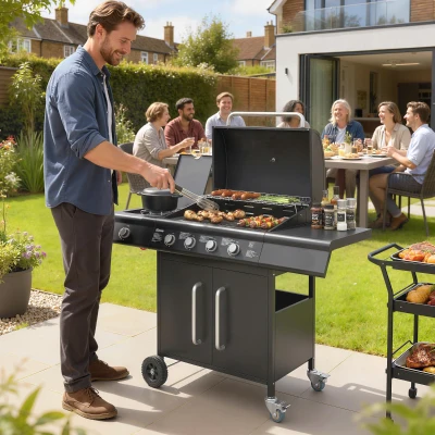 Outsunny 4+1 Burner Gas BBQ Grill with Cabinet, Trolley, Black