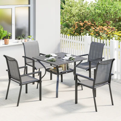 Outsunny Set de Jardin 5 pièces en Acier avec 4 Chaises Empilables et Table avec Trou Central et Étagère Inférieure, Gris