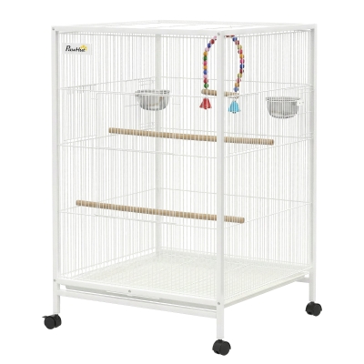 PawHut Cage Oiseaux Blanc 48x46x78cm avec Balançoire et Perchoirs