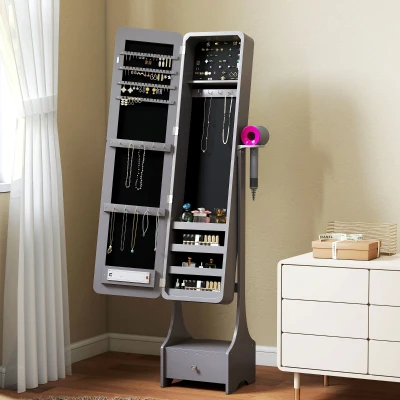 HOMCOM Armoire à Bijoux LED Miroir Pleine Longueur Gris