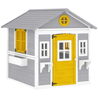 Outsunny Căsuță pentru Copii din Lemn, Exterior și Interior, cu Ușă, Ferestre, Jardiniere și Suporturi pentru Flori, Gri