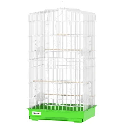 PawHut Cage pour Oiseaux Volière Métallique avec 4 Mangeoires, 3 Perchoirs, Balançoire et Tiroir Amovible, Poignée, 46,5×35,5×92 cm, Vert