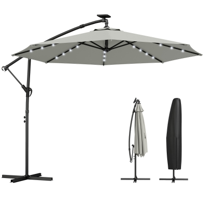 Outsunny Parasol Déporté Ø300cm LED Solaire Gris avec Housse