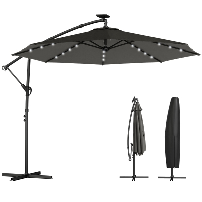 Outsunny Parasol Déporté Ø300cm LED Solaire Pivotant Gris