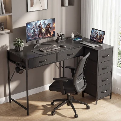 HOMCOM Bureau d'Angle 6 Tiroirs Bois et Acier Noir 126x48x80 cm