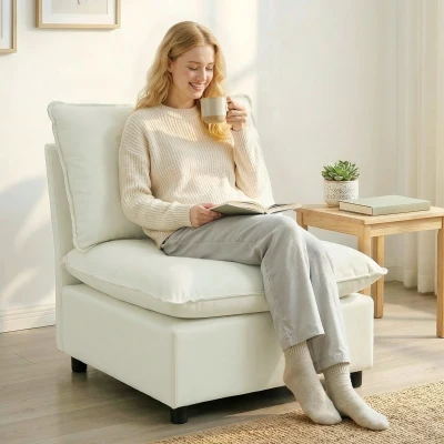 HOMCOM Sillón de salón, sofá 1 plaza moderno sin reposabrazos con asiento ancho, cojines gruesos, 146x85x78cm, crema