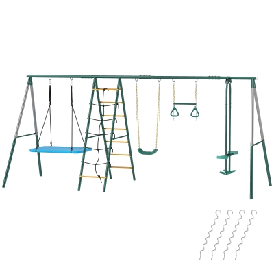 AIYAPLAY Structure de balançoire 5-en-1 avec balançoire-nid réglable anneaux de gymnastique double siège portique d'escalade pour 3-8 ans 440x175x203 cm