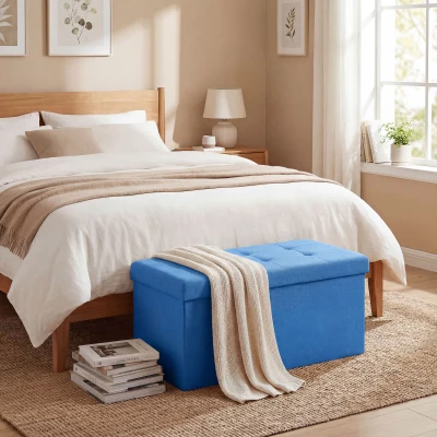 HOMCOM Banc de Rangement Pliable 84L Lin Synthétique Bleu Clair