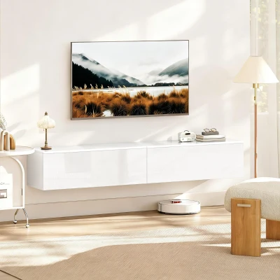 HOMCOM Meuble TV Suspendu 180 cm Blanc Laqué avec Portes