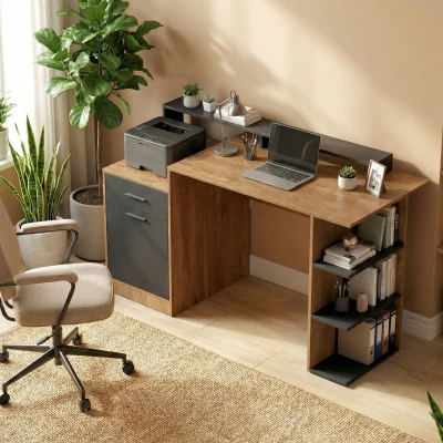 HOMCOM Bureau Moderne 140cm Chêne avec Rangement et Étagères