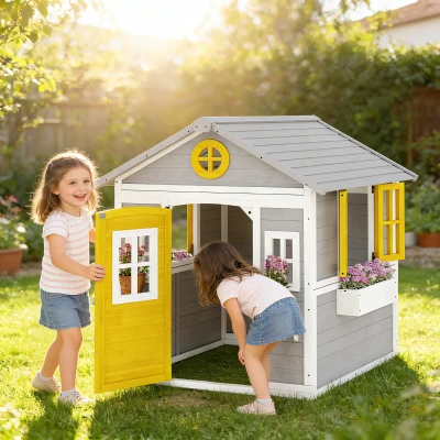 Outsunny Căsuță pentru Copii din Lemn, Exterior și Interior, cu Ușă, Ferestre, Jardiniere și Suporturi pentru Flori, Gri