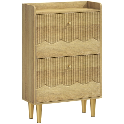 HOMCOM Schuhschrank 12 Paar, schmaler Schuhschrank, 2 kippbare Schubladen verstellbare Einlegeböden, 60x24x92cm, Eiche