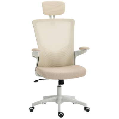 HOMCOM Ergonomischer Bürostuhl, Bürosessel, hochklappbare Armlehnen, Lendenstütze, Kopfstütze, 60x63x120cm, beige