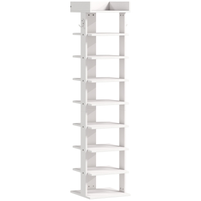 HOMCOM Pantofar 9 niveluri organizator din lemn pentru pantofi cu raft superior și 2 cârlige, pentru hol, Alb