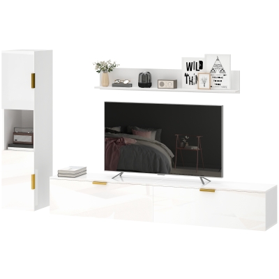 HOMCOM Meuble TV Suspendu 180 cm Blanc Laqué avec Étagères
