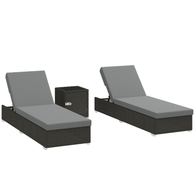 Outsunny Set 2 Gartenliegestühle aus Rattan mit Beistelltisch und verstellbarer Rückenlehne, 184x60x22 cm, Dunkelgrau