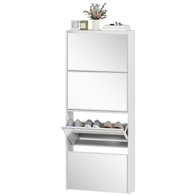 HOMCOM Meuble à Chaussures Miroir 4 Portes 12 Paires Blanc