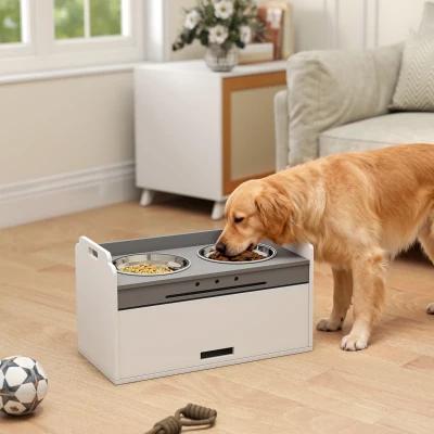 PawHut Gamelle Surélevée avec Rangement 2 Bols Blanc 60cm