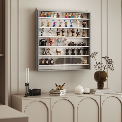 HOMCOM Vitrine Bois Blanc Gris 5 Étagères Portes en Verre