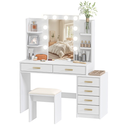 HOMCOM Coiffeuse Blanche avec Miroir LED, Tabouret et 6 Tiroirs