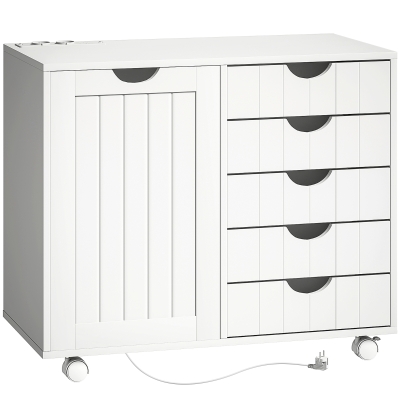 HOMCOM Druckertisch mit Ladestation und Rollen 5 Schubladen USB-Ports Verstellbarer Einlegeboden Weiß