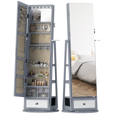 HOMCOM Armoire à Bijoux Pivotante 360° Miroir Pleine Longueur Gris