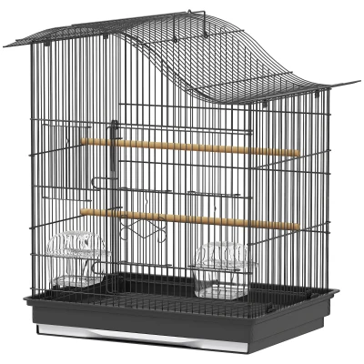 PawHut Cage pour oiseaux à 4 portes avec 2 gamelles, 2 perchoirs et bac, en métal et plastique, 47.5x36x54.5 cm, Noir