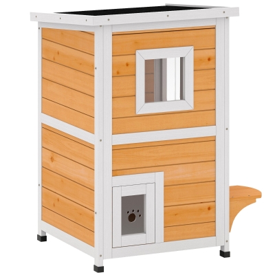 PawHut Maisonnette Chats Bois Extérieur 2 Niveaux Toit Rabattable