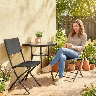 Outsunny Conjunto Bistró de Exterior, Mobiliario de Patio 3 Piezas con Sillas Plegables, Mesa de Vidrio Semicircular, Negro