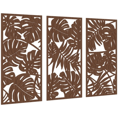 HOMCOM Décoration Murale Bois 3D Feuilles Tropicales 3 Pièces