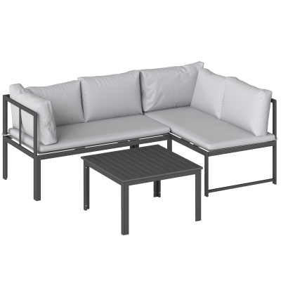 Outsunny 3-tlg. Gartengarnitur mit 4-sitzigem Ecksofa und Latten-Tisch, Metall und Polyester, Grau