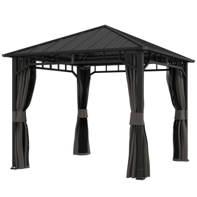Outsunny Pavillon 3x3m Toit Rigide Gris Foncé avec Parois et Filets