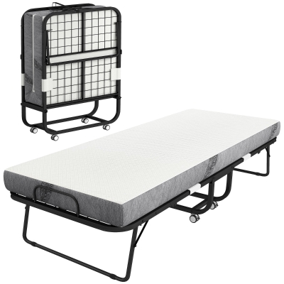 HOMCOM Pat pliant 1 persoană 200 x 80 cm cu saltea, pat de rezervă pliant și portabil pe roți, cadru din oțel, alb
