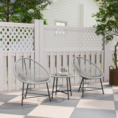Outsunny Ensemble de jardin 3 pièces, 2 chaises en rotin synthétique, 1 table avec plateau en verre, cadre en acier, mobilier d'extérieur, gris