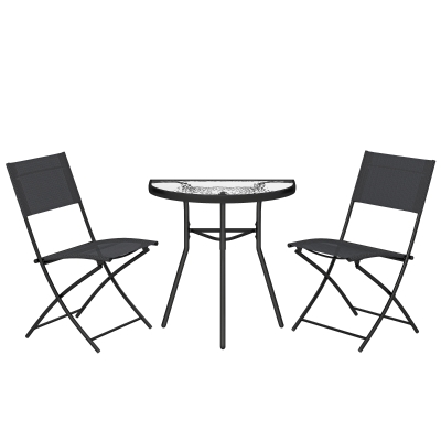 Outsunny Outdoor-Bistro-Set, 3-teiliges Terrassenmöbel mit klappbaren Stühlen und halbkreisförmigem Glastisch, Schwarz