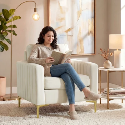 HOMCOM Fauteuil de salon tapissé en velours rembourré Assise large Accoudoirs Coussin 81x77x81 cm crème