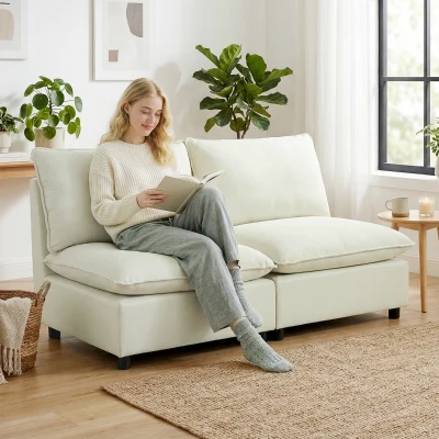 HOMCOM Canapea 2 locuri modulară, canapea de living modernă 146 cm fără brațe cu șezut larg, perne groase, crem