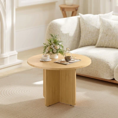 HOMCOM Table Basse Ronde Bambou Pied en Croix Nature