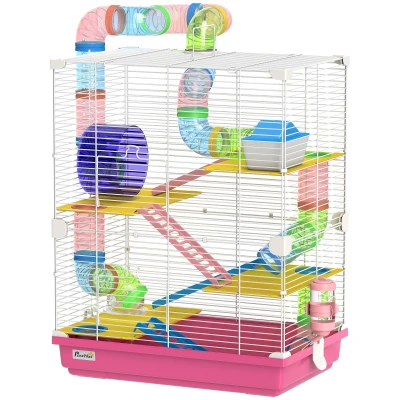 PawHut Cage pour Hámster avec Tunnel Plateformes Gamelle Abreuvoir Maisonnette Rampes et Roue d’Exercice 46x30x58 cm Rose