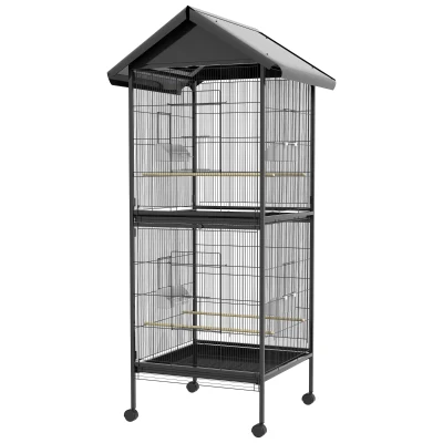 PawHut Volière pour Oiseaux sur Roulettes avec Plateaux Extractibles et Perchoirs, en Métal, 71.8×71.8×170.2 cm, Noir