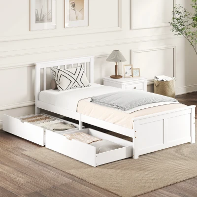 HOMCOM Cadre de Lit Bois 90x200cm avec Tiroirs Blanc