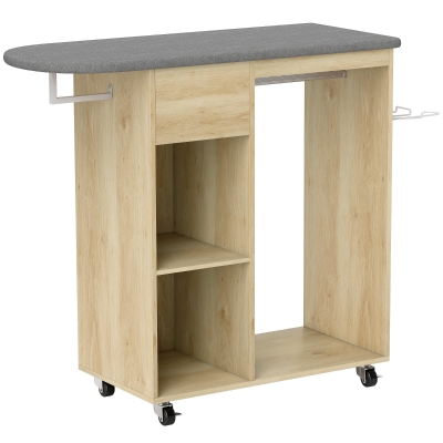 HOMCOM Bügelschrank aus Holz Bügelstation auf Rollen Kleiderstange Regal 125 x 43,5 x 102,5 cm Naturholz