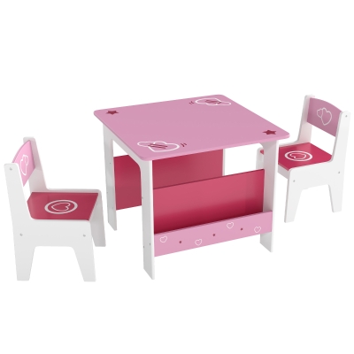 AIYAPLAY Set Tisch mit 2 Stühlen für Kinder 3-8 Jahre, Kindertisch mit Regal aus MDF-Holz mit Herzmotiven, Rosa