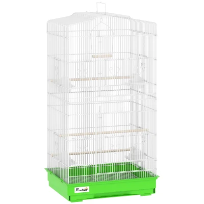 PawHut Colivie pentru Păsări Volieră din Metal cu 4 Recipiente 3 Tije Leagăn și Tavă Detașabilă Mâner 46,5×35,5×92 cm Verde